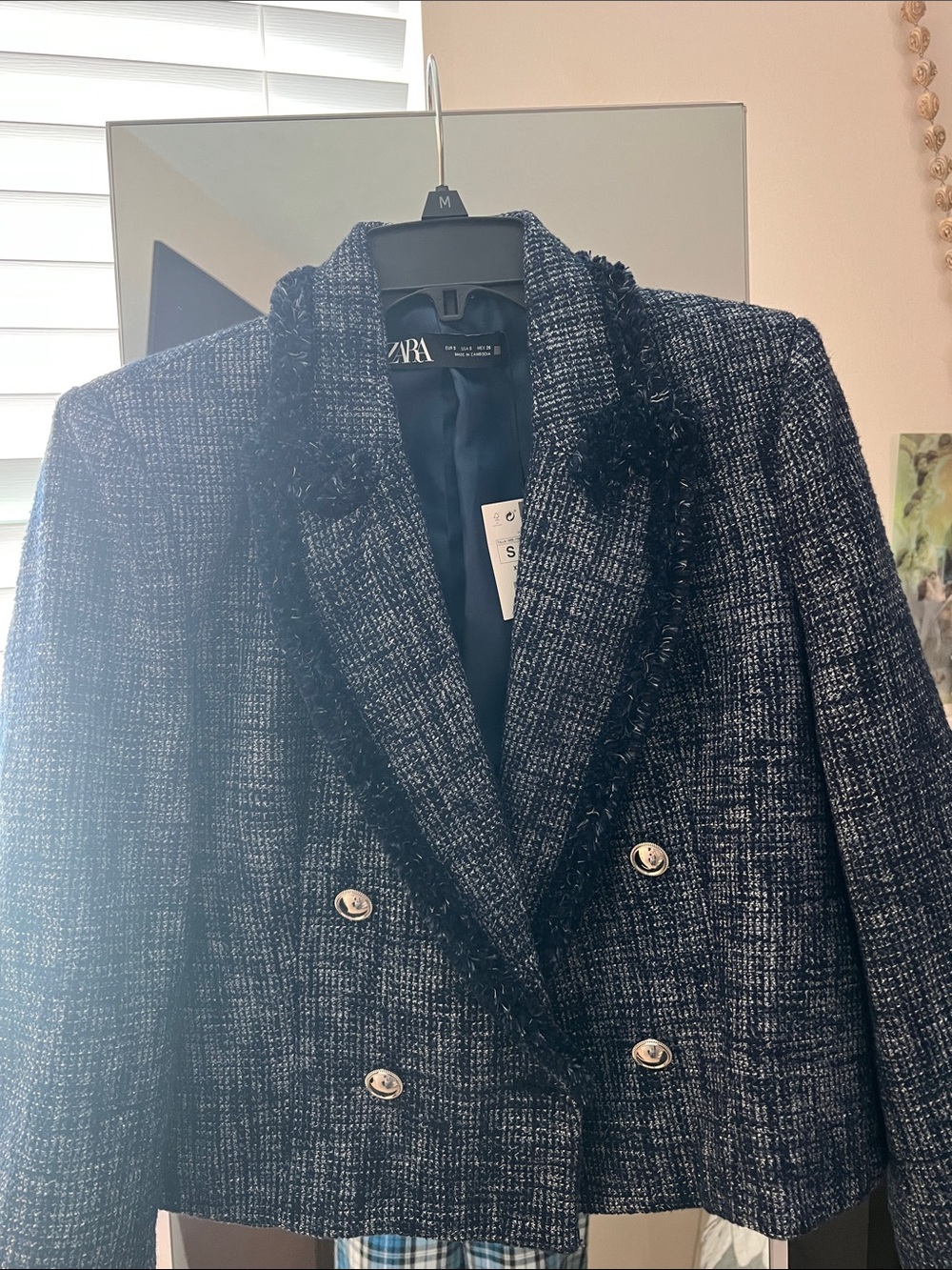 Zara Black & White Tweed Double-Breasted Blazer